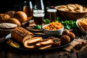 comidas en un mesa con pan, papas fritas y cerveza. generado por ai foto