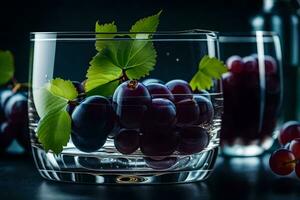 grapes in a glass with water on a dark background. AI-Generated photo