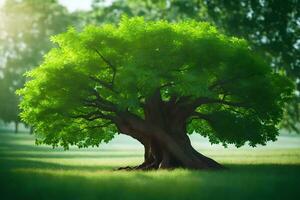 a large green tree in the middle of a field. AI-Generated photo