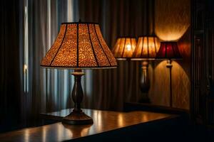 a lamp is sitting on a table in front of a window. AI-Generated photo