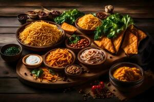 various types of food on a wooden table. AI-Generated photo