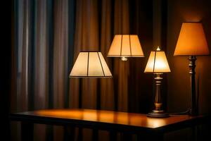 three lamps on a table in front of curtains. AI-Generated photo