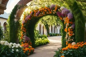 a flower archway is surrounded by orange and yellow flowers. AI-Generated photo