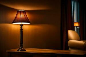 a lamp is sitting on a table in a dark room. AI-Generated photo