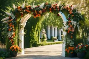 an archway decorated with flowers and greenery. AI-Generated photo