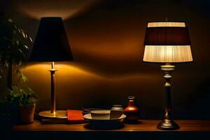 two lamps on a table in the dark. AI-Generated photo