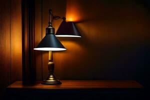 un lámpara en un mesa en un oscuro habitación. generado por ai foto