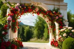 a flower archway with red and pink flowers. AI-Generated photo