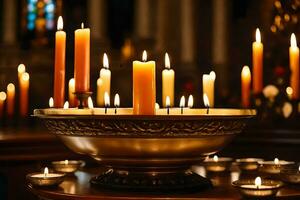 candles are lit in a bowl with candles. AI-Generated photo