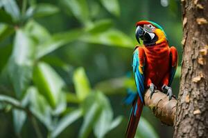 a colorful parrot sits on a branch in the forest. AI-Generated photo