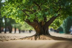 a tree in the desert with sand and trees. AI-Generated photo