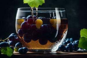 un vaso de vino con uvas y hojas. generado por ai foto