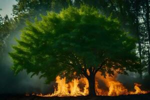 a tree is burning in the middle of a field. AI-Generated photo