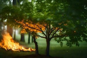 a tree is burning in the middle of a forest. AI-Generated photo