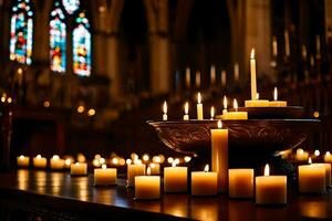 velas son iluminado en un Iglesia con velas en el antecedentes. generado por ai foto