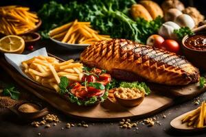 grilled fish with french fries and vegetables on a wooden cutting board. AI-Generated photo