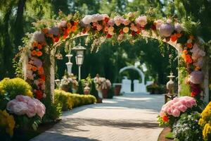 an archway with flowers and greenery. AI-Generated photo
