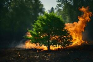 a tree is burning in the middle of a field. AI-Generated photo