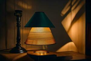 un lámpara con un de madera sombra en un mesa. generado por ai foto