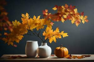 autumn leaves and pumpkins in vases on a table. AI-Generated photo