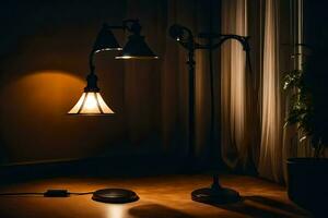 un lámpara y un lámpara sombra son en un mesa. generado por ai foto