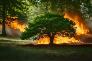 a tree is burning in the middle of a field. AI-Generated photo