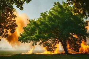 a tree is burning in the grass with smoke coming out of it. AI-Generated photo