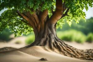 a tree with roots in the sand. AI-Generated photo