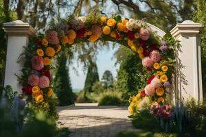 a flower archway is decorated with colorful flowers. AI-Generated photo