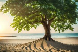 a tree on the beach with sand and water. AI-Generated photo