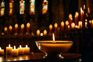 velas son iluminado en un Iglesia con velas generado por ai foto