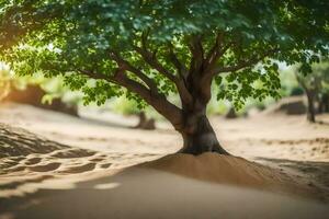 a tree in the desert with sand dunes in the background. AI-Generated photo
