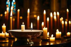 many candles are lit in a church. AI-Generated photo