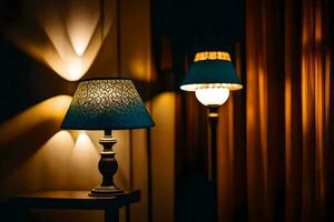 un lámpara en un mesa en frente de un cortina. generado por ai foto