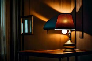 a lamp on a table in a dark room. AI-Generated photo