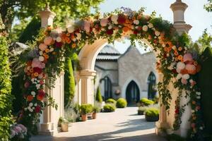 a wedding arch decorated with flowers. AI-Generated photo