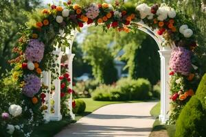 un Boda arco con flores y verdor. generado por ai foto