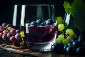 grapes and water in glasses on a wooden table. AI-Generated photo