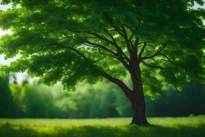 un árbol es en pie en el medio de un campo. generado por ai foto