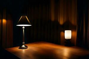 a lamp and a table in the dark. AI-Generated photo