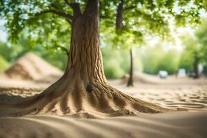 a tree in the sand with sand dunes in the background. AI-Generated photo