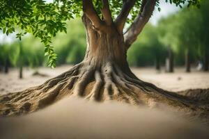 un árbol con raíces en el arena. generado por ai foto