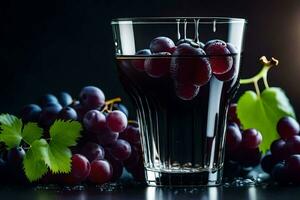 a glass of red grapes with leaves. AI-Generated photo