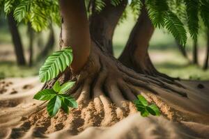 a tree with roots in the sand. AI-Generated photo