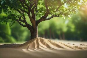 a tree is growing out of the sand in the middle of a field. AI-Generated photo