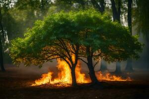 a tree is burning in the forest. AI-Generated photo