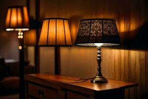 a lamp on a table in a room. AI-Generated photo