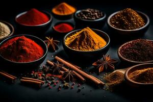 spices and spices in bowls on a black background. AI-Generated photo