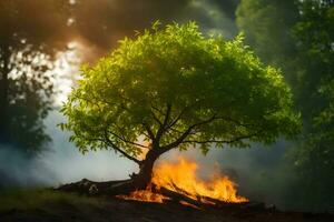 a tree is burning in the forest. AI-Generated photo