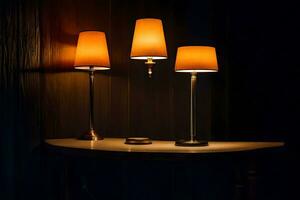 three lamps on a table in the dark. AI-Generated photo